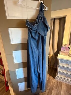 JS Collections Slate Blue One-Shoulder Evening Gown